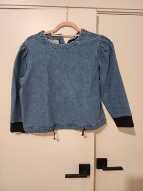 Blue Denim Long-Sleeve Top with Contrast Cuffs